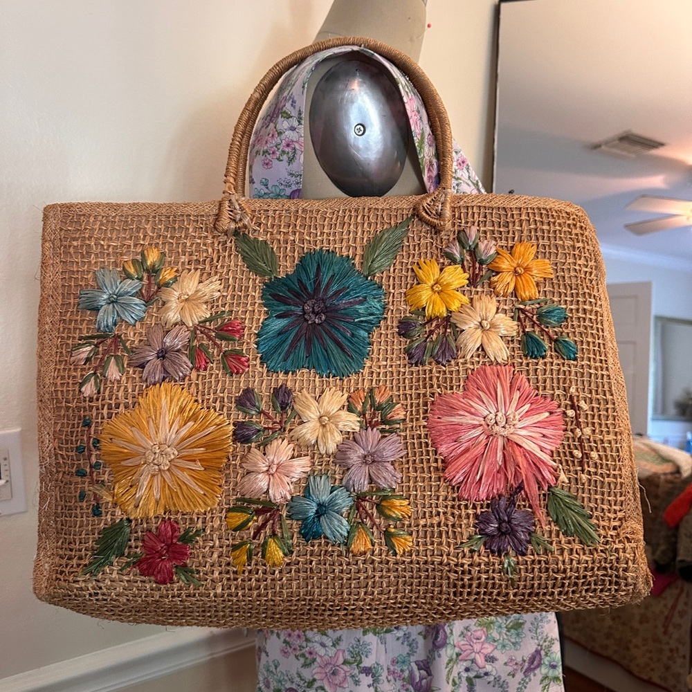 Vintage Tan Woven Tote with Multicolor Floral Embroidery